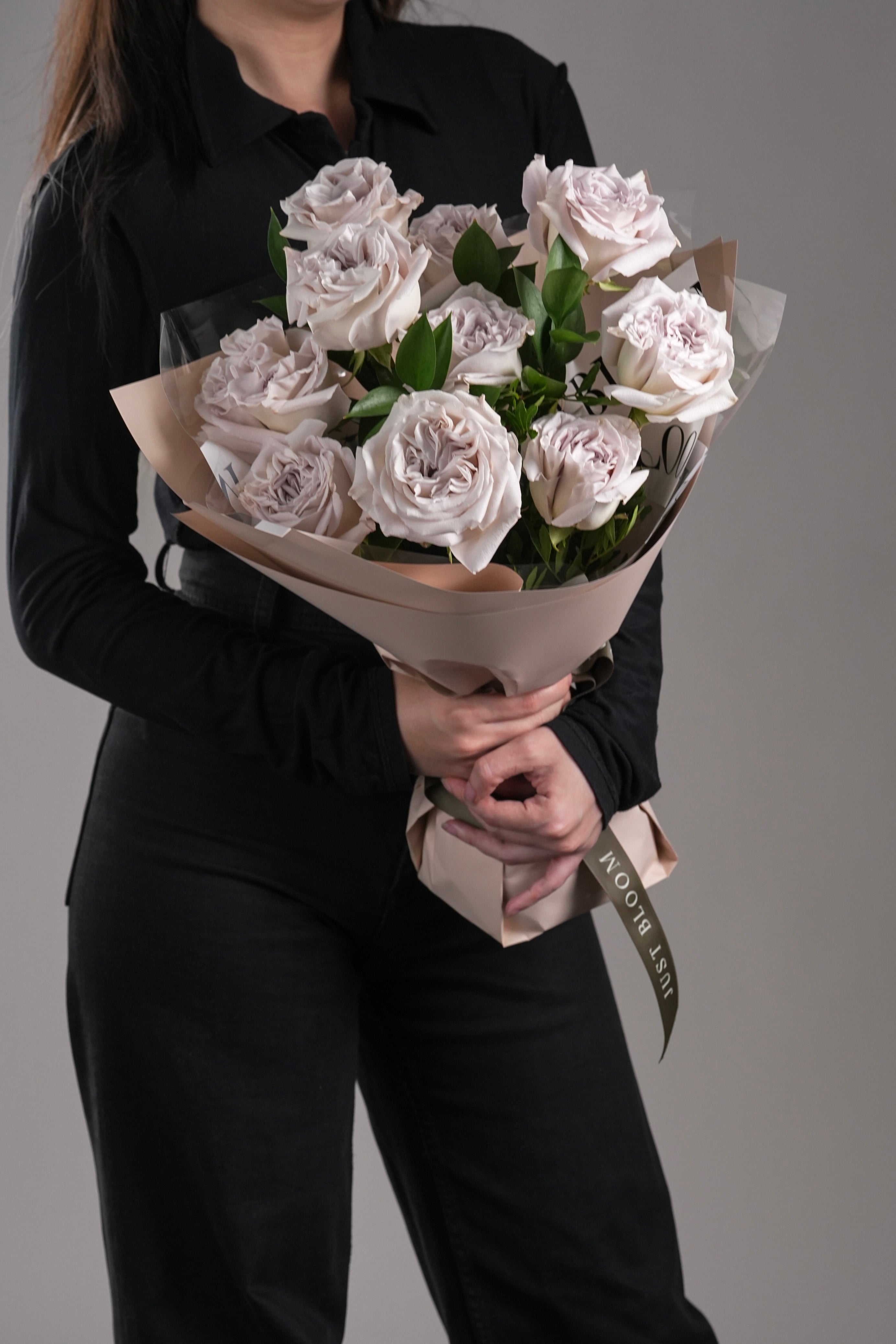 Elegant hand-tied grey rose bouquet in soft grey tones presented as floral gift | Just Bloom Hong Kong