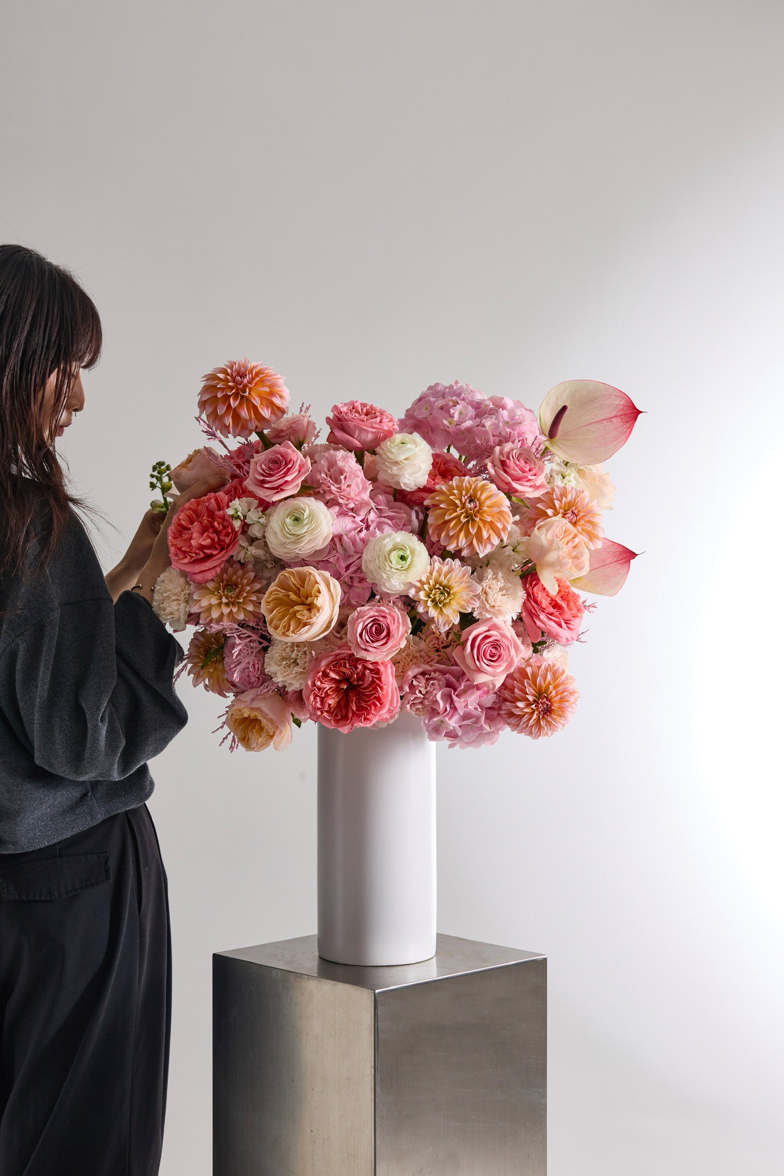 Petal Heirloom Vase Arrangement with Soft Peach and Pink Garden Roses, Dahlias, Ranunculuses, Hydrangeas, Stock, Anthuriums, Eustomas, Carnations, and Tinted Foliage by Just Bloom Hong Kong