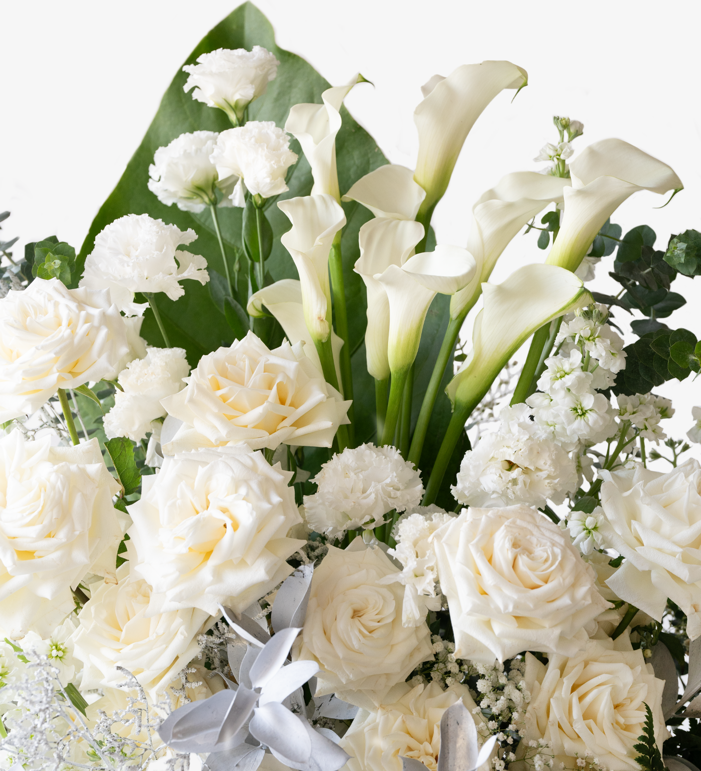 Premium Ecuadorian roses and white calla lilies in sympathy flower arrangement