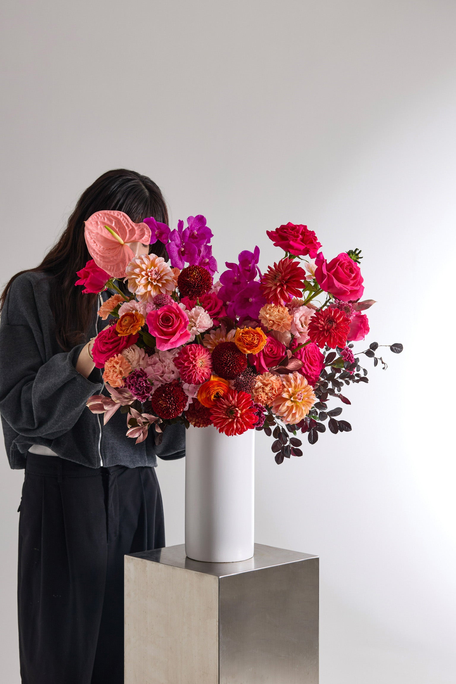 Scarlet Assembly Statement Vase Arrangement in Peach, Orange, Pink, and Hot Pink with Dahlias, Roses, Vanda Orchids, Hydrangeas, and Anthuriums by Just Bloom Hong Kong
