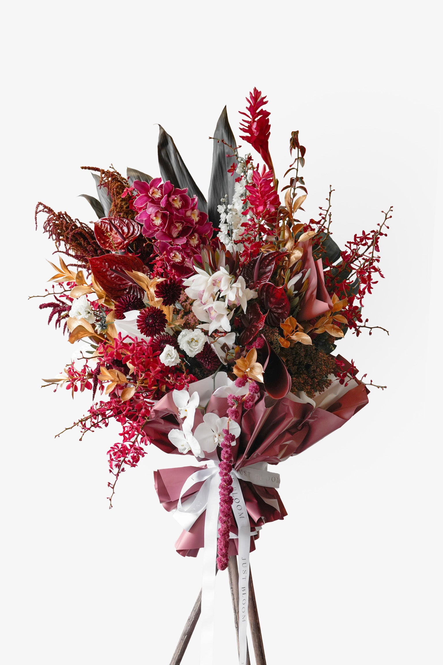 Scarlet Majesty grand opening flower stand with red orchids, anthuriums, and gold leaves – Just Bloom Hong Kong.