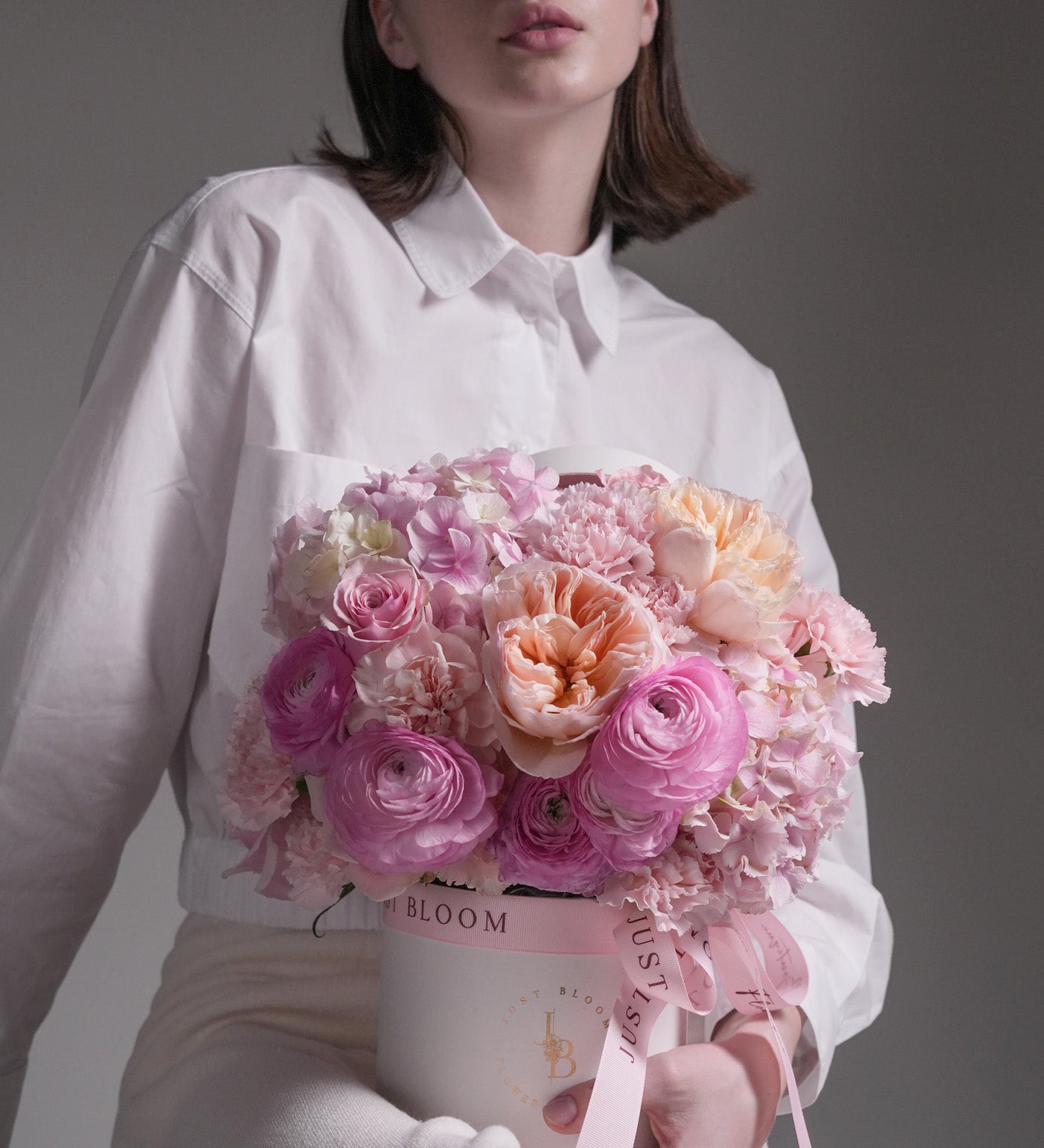 Scented Memories flower box with Juliet garden roses, pink ranunculus, hydrangeas and carnations in pastel tones