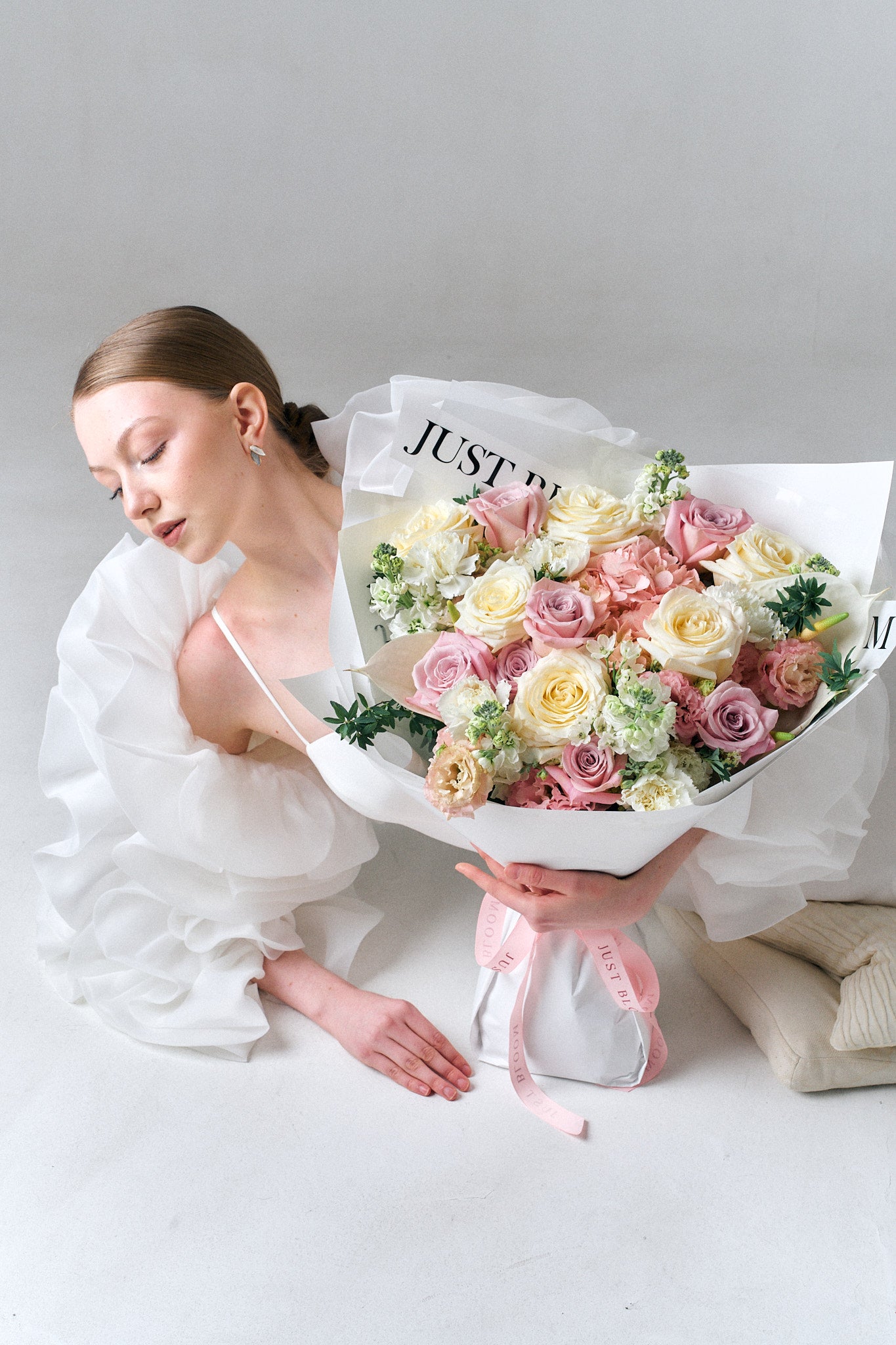 Sweet Moments romantic pastel bouquet featuring roses, stocks, and hydrangeas