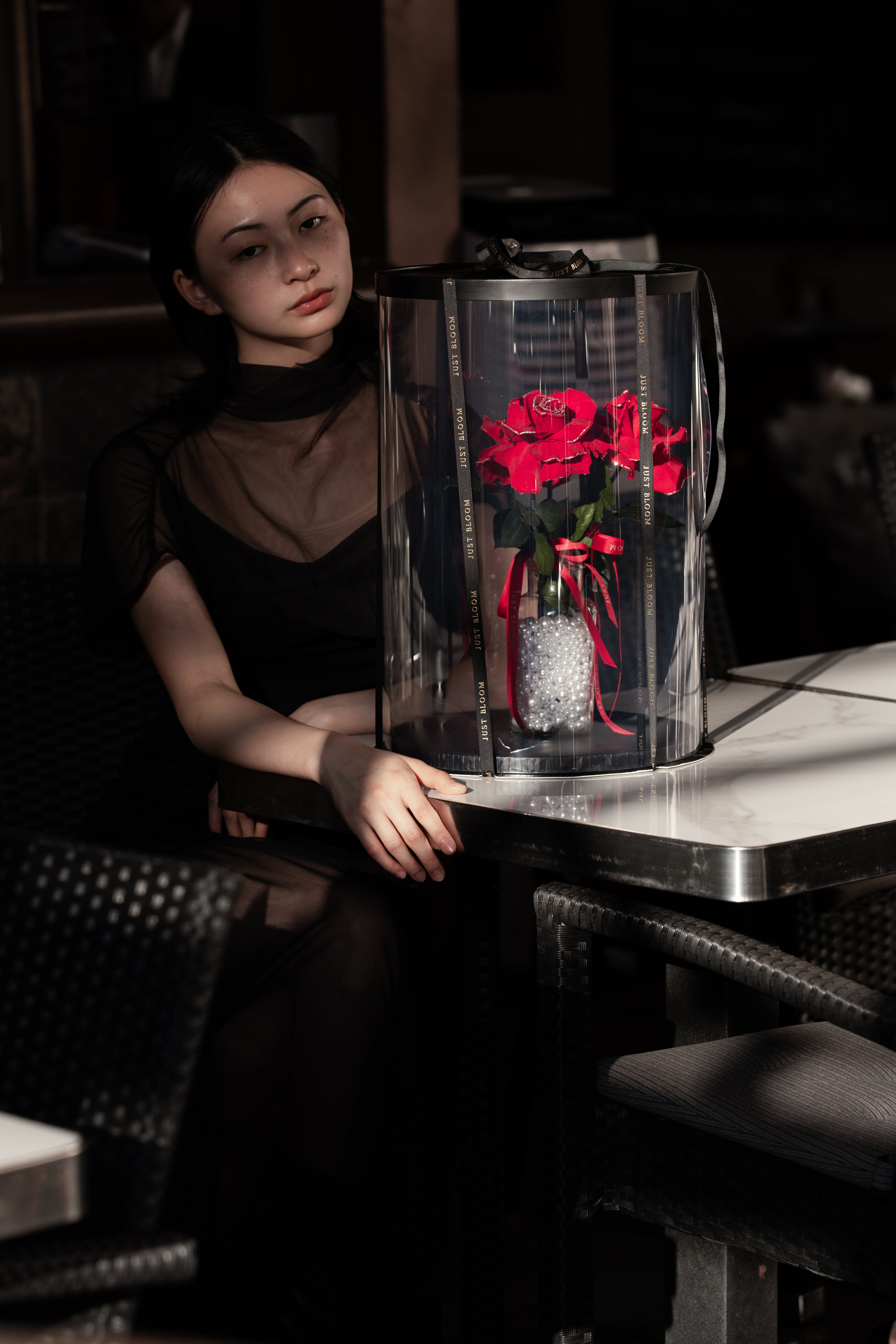 Sweet Whisper preserved red roses with pearl base and burgundy ribbons for Valentine's Day