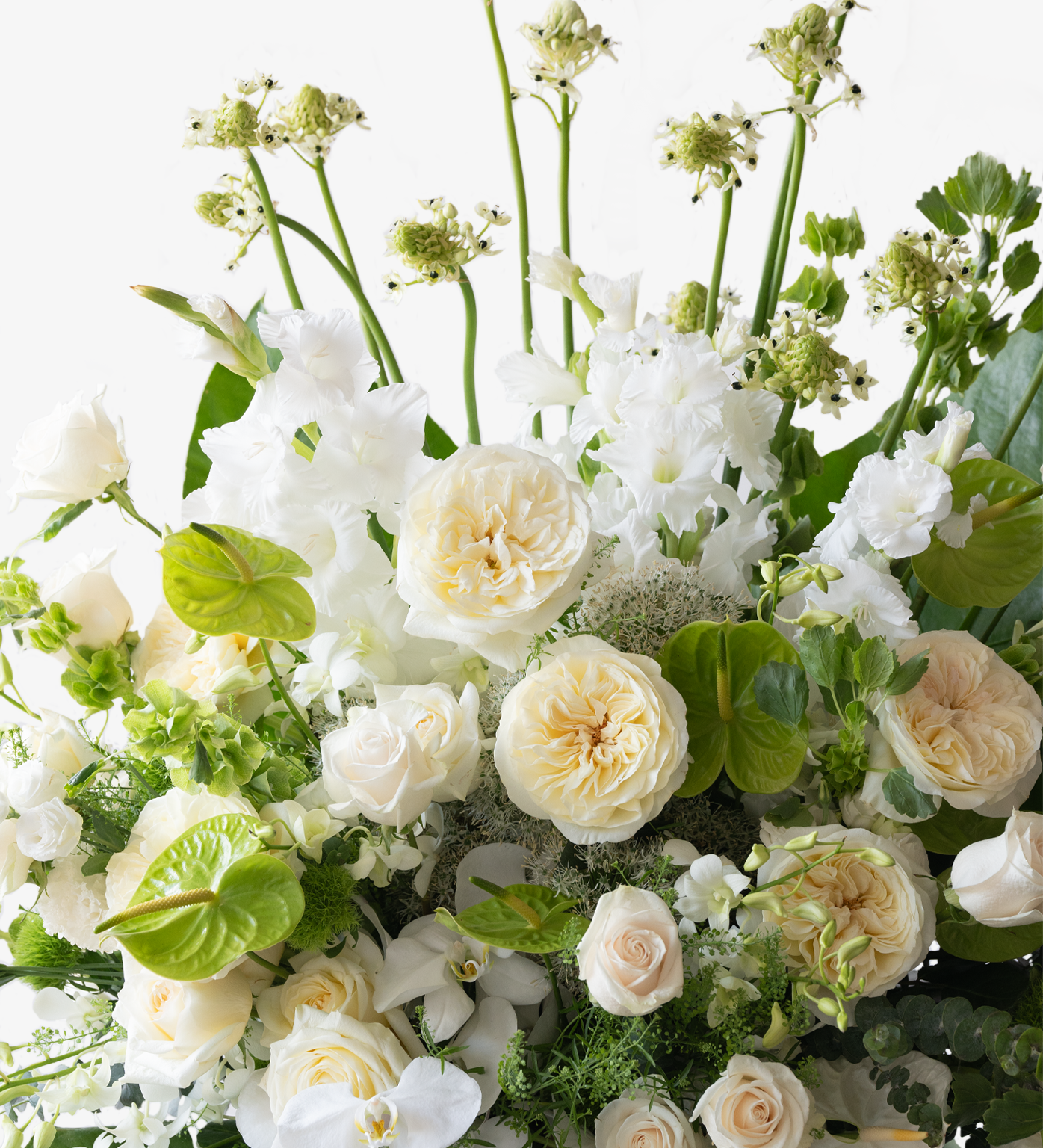 Me to You sympathy flower stand with Ecuadorian garden roses, white orchids, anthuriums, astrantias, and lush greenery - close up