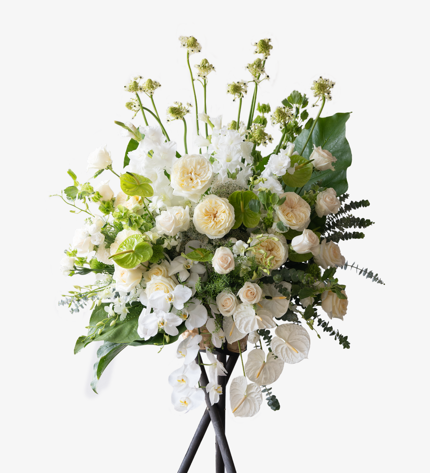 Me to You sympathy flower stand with Ecuadorian garden roses, white orchids, anthuriums, astrantias, and lush greenery
