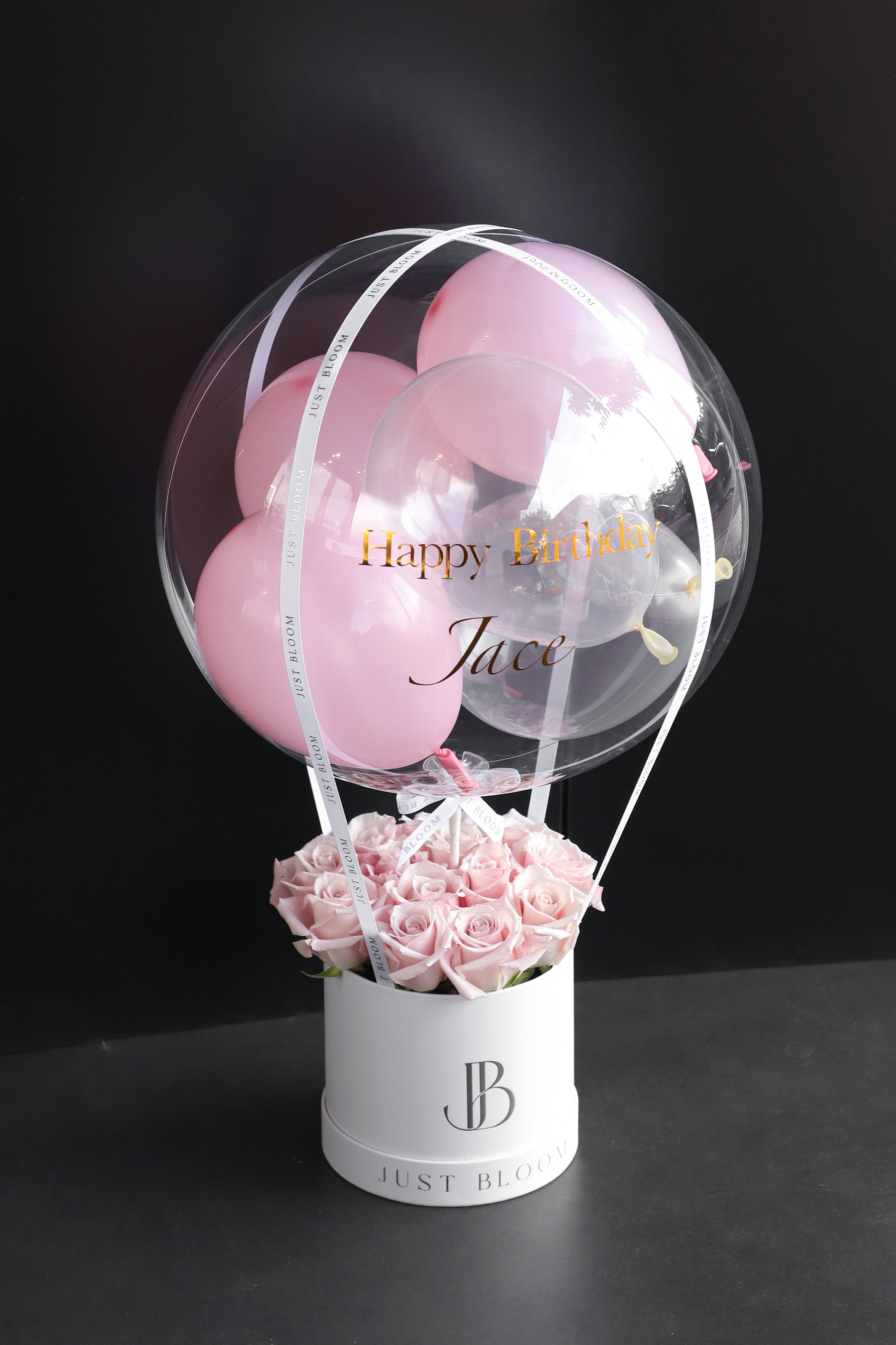 All-soft pink rose flower box in a white Just Bloom round box against a dark background — Just Bloom Hong Kong