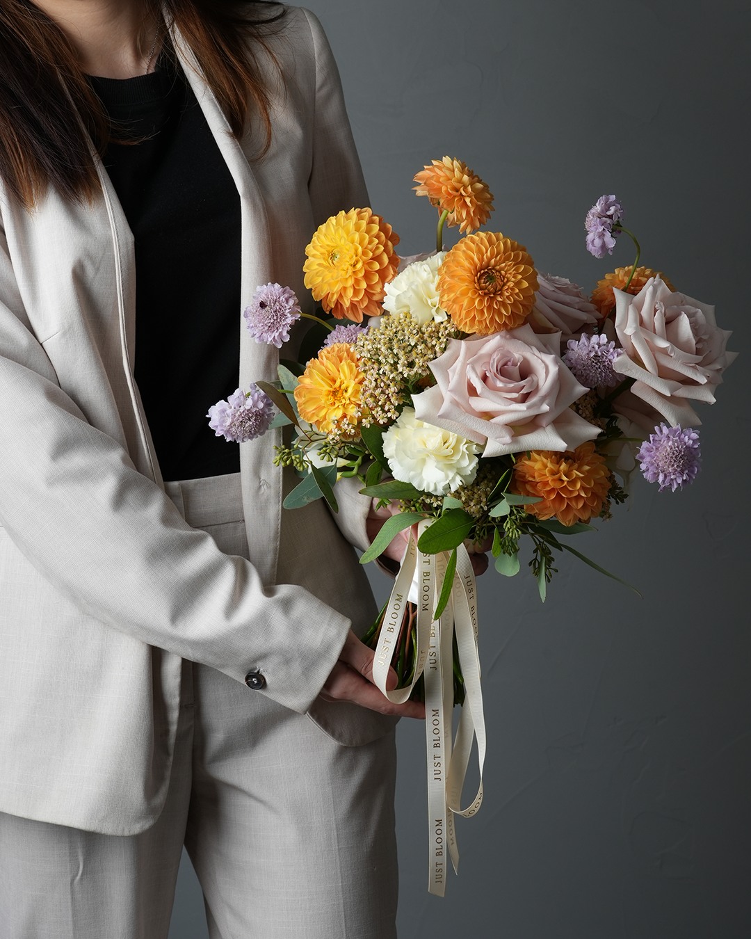 Isabel orange dahlia rose wedding bouquet purple scabiosa Hong Kong Just Bloom HK