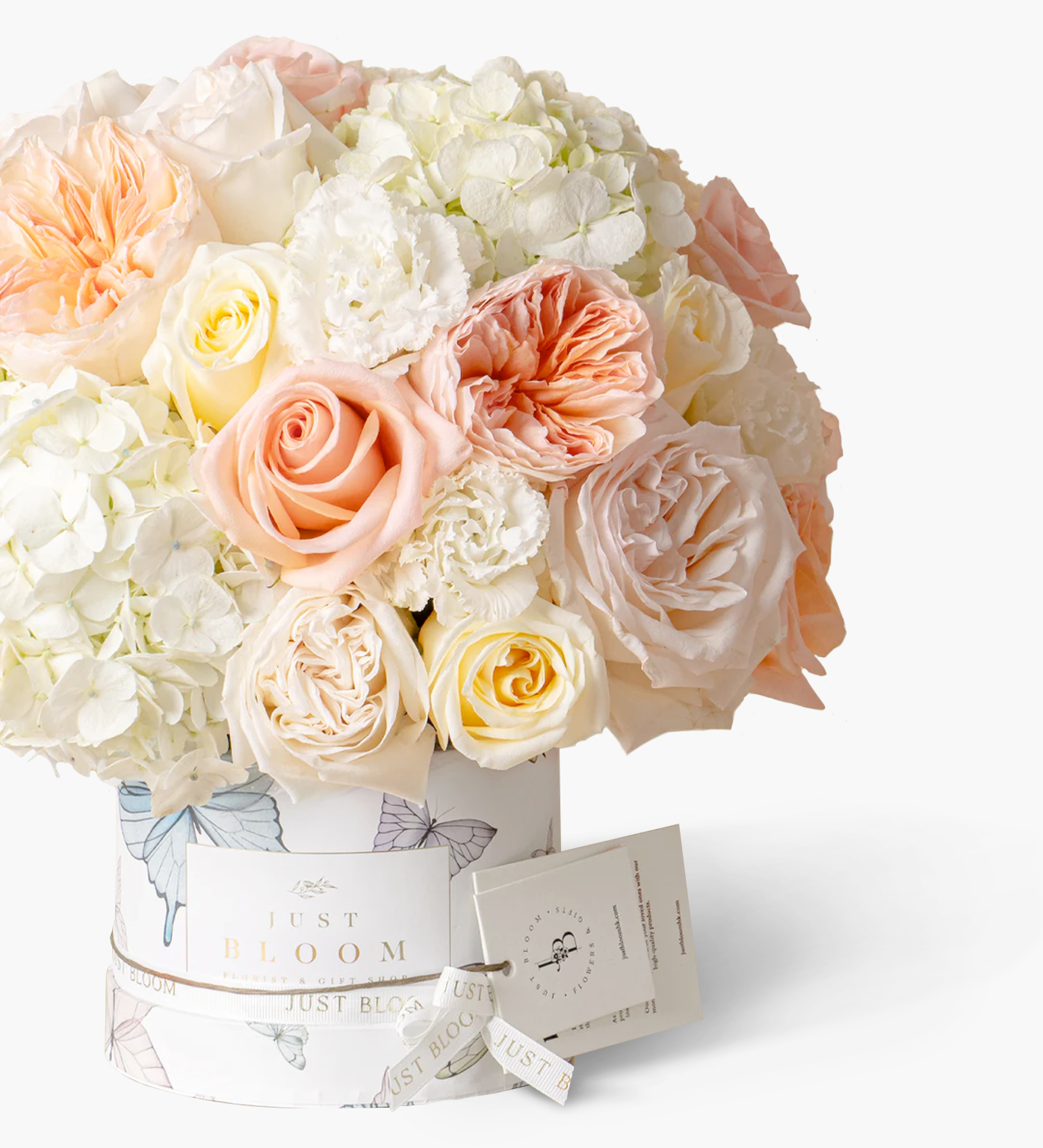 Aurora Soft Ivory and Peach Rose Floral Box – Close-up Detail View by Just Bloom Hong Kong