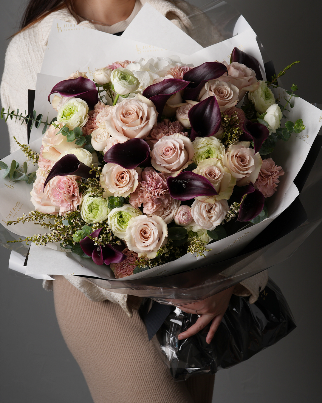 Callie Nude Rose and Purple Calla Lily Flower Box – Styled Front View by Just Bloom Hong Kong