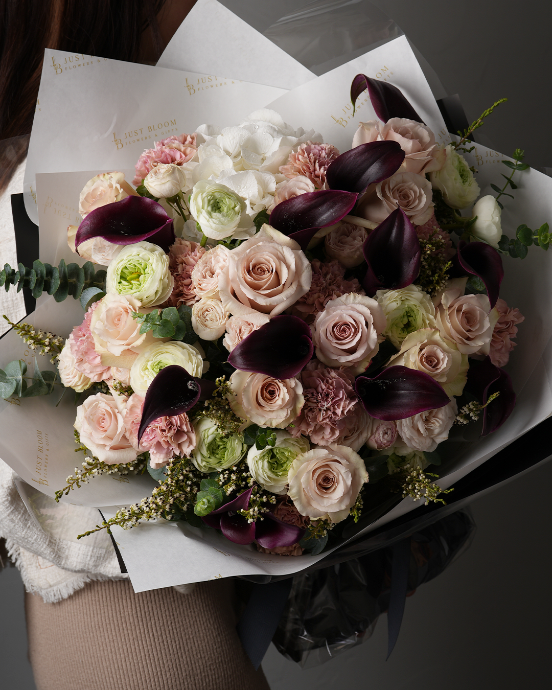 Close-up of Callie Nude Rose, Ranunculus and Calla Lily Arrangement – Detail View by Just Bloom Hong Kong