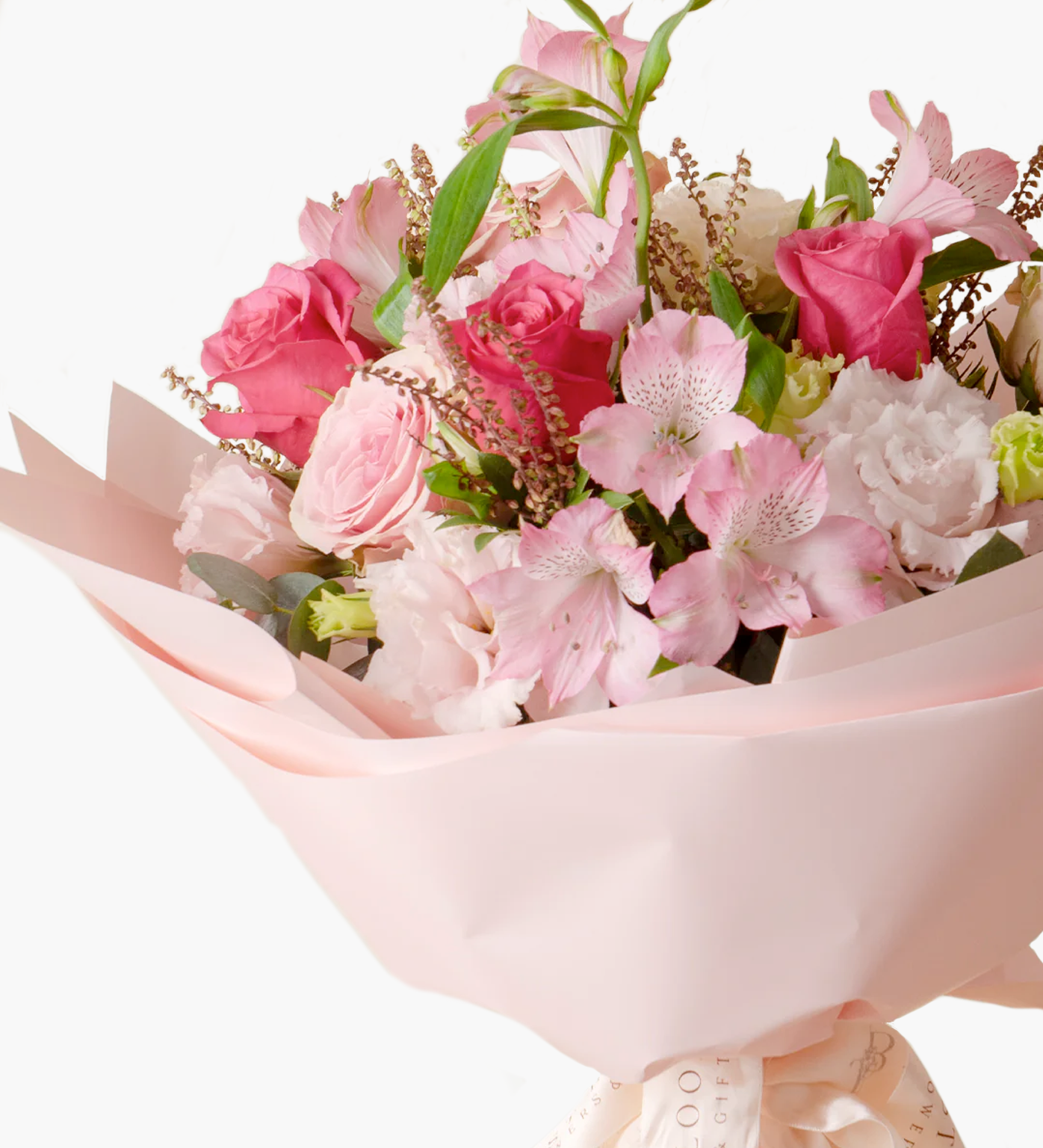 Close-up of Elena bouquet with pink roses, eustomas and alstroemerias