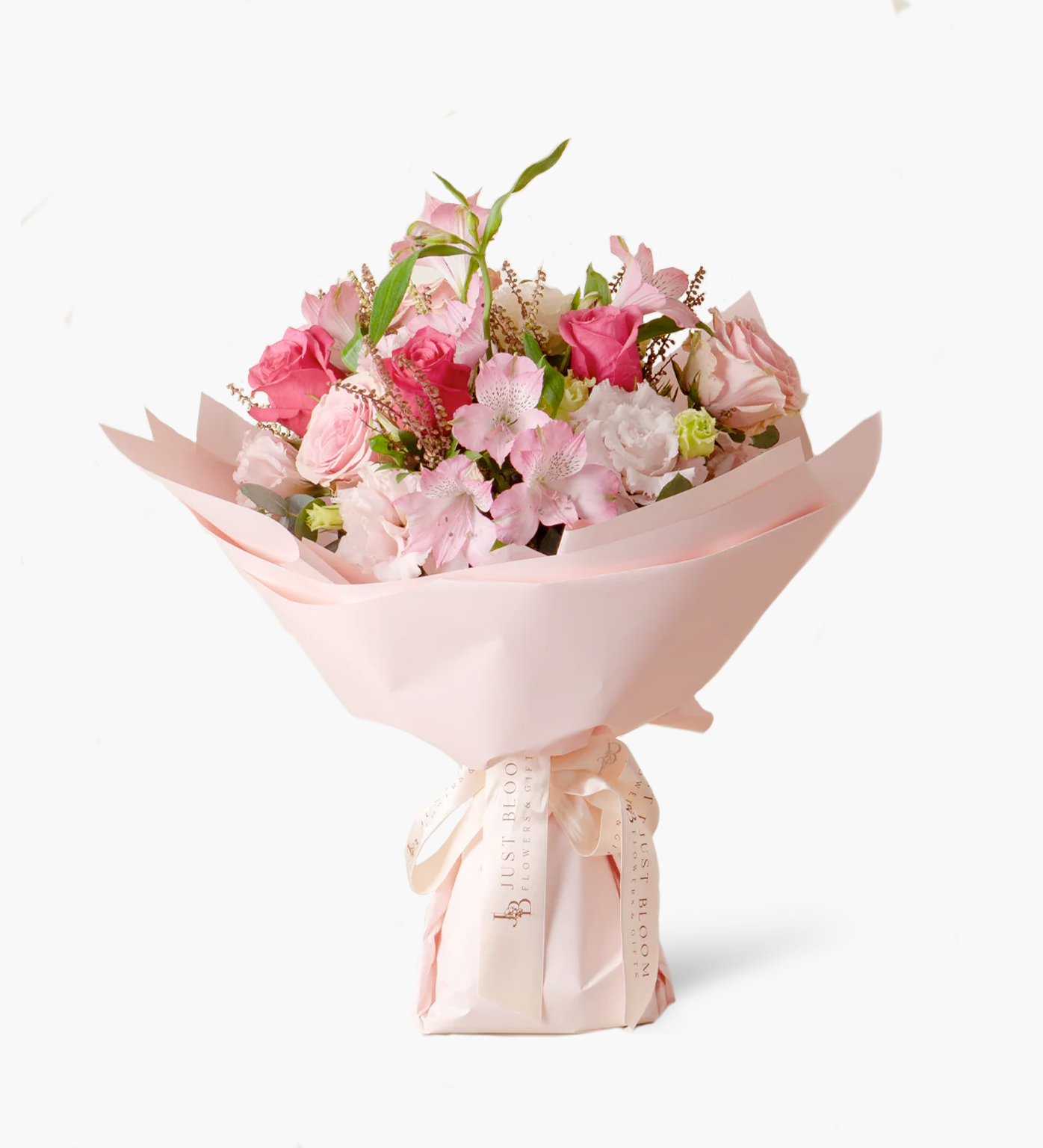 Elena pink rose bouquet wrapped in blush pink paper – full front view