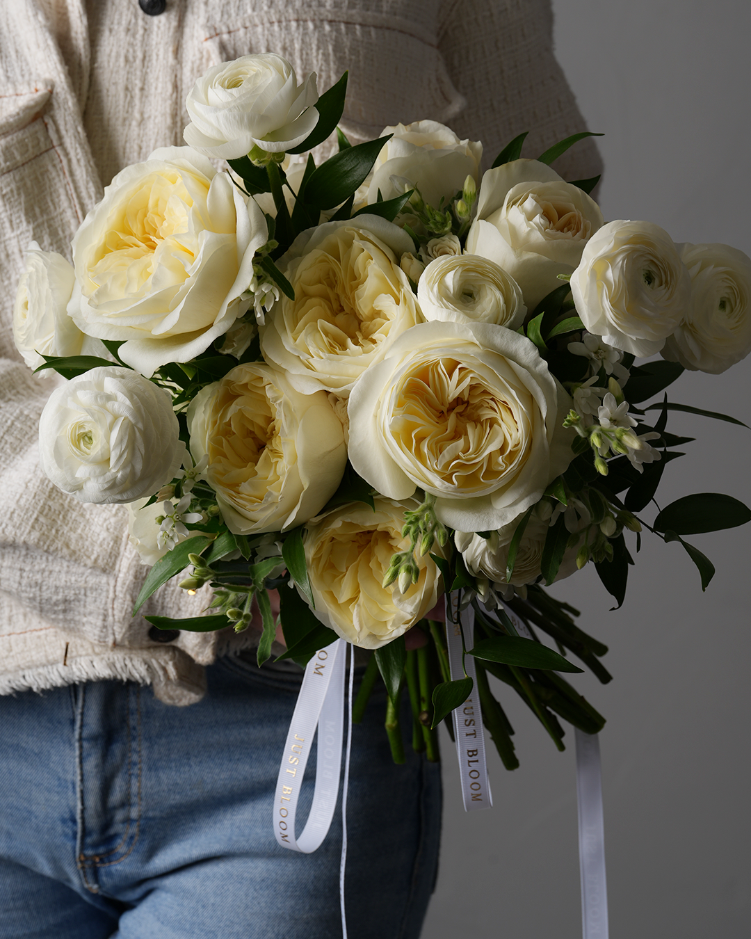 Juniper elegant white bridal bouquet premium garden roses classic wedding flowers Just Bloom HK