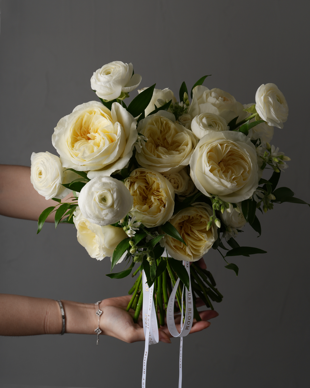 Juniper white garden rose ranunculus bridal bouquet Ecuador roses Dutch flowers Hong Kong Just Bloom HK