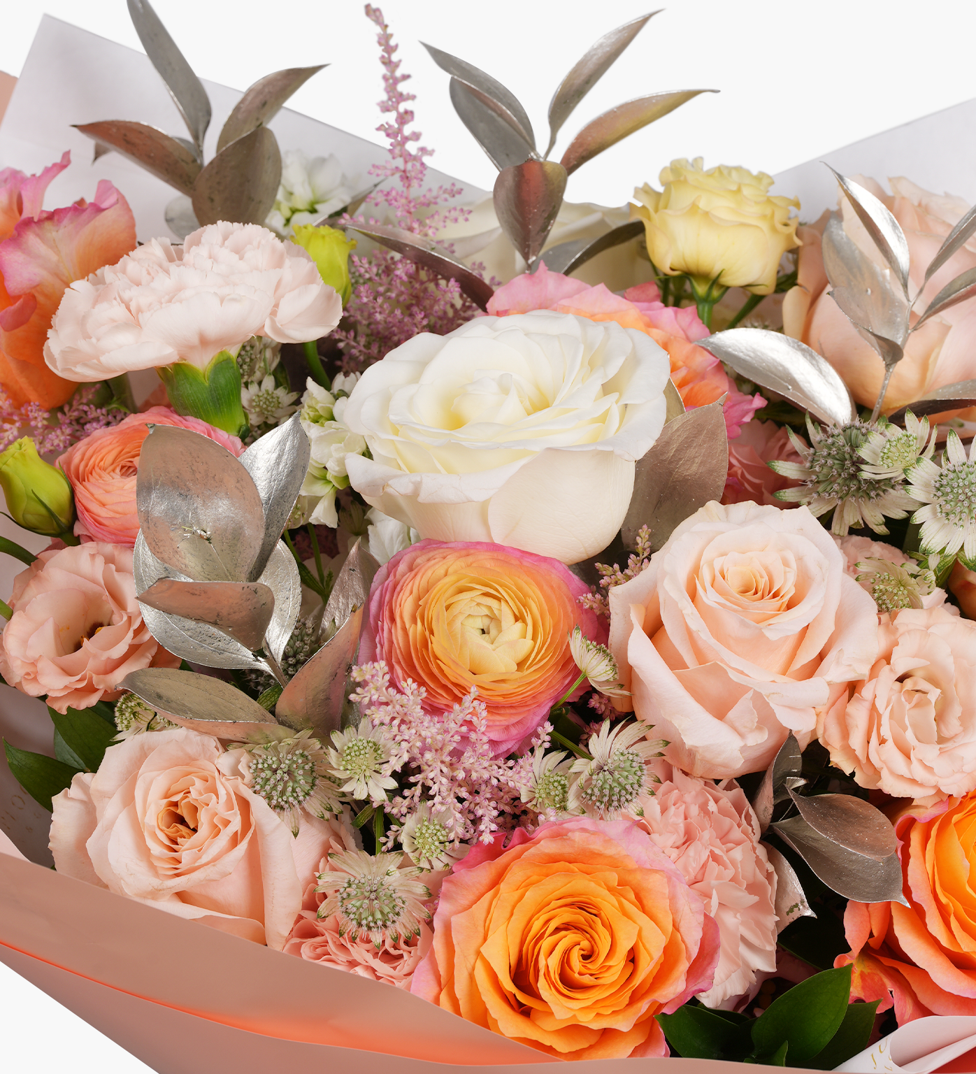 Palmer bouquet closeup with ranunculus, roses, carnations and astilbes