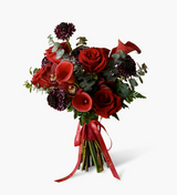 Red Tone Bridal Bouquet with Calla Lilies, Roses, Scabiosas, and Greenery by Just Bloom Hong Kong
