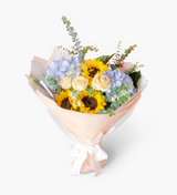 Vibrant Sunflower and Hydrangea Bouquet in Blue and Yellow Tones by Just Bloom