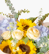 Vibrant Sunflower and Hydrangea Bouquet in Blue and Yellow Tones by Just Bloom