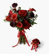 Red Tone Bridal Bouquet with Calla Lilies, Roses, Scabiosas, and Greenery by Just Bloom Hong Kong