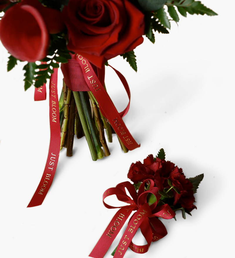 Red Tone Bridal Bouquet with Calla Lilies, Roses, Scabiosas, and Greenery by Just Bloom Hong Kong