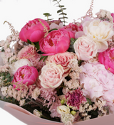 Pink rose, peony, hydrangea, astilbe, carnation, filler and eucalyptus bouquet