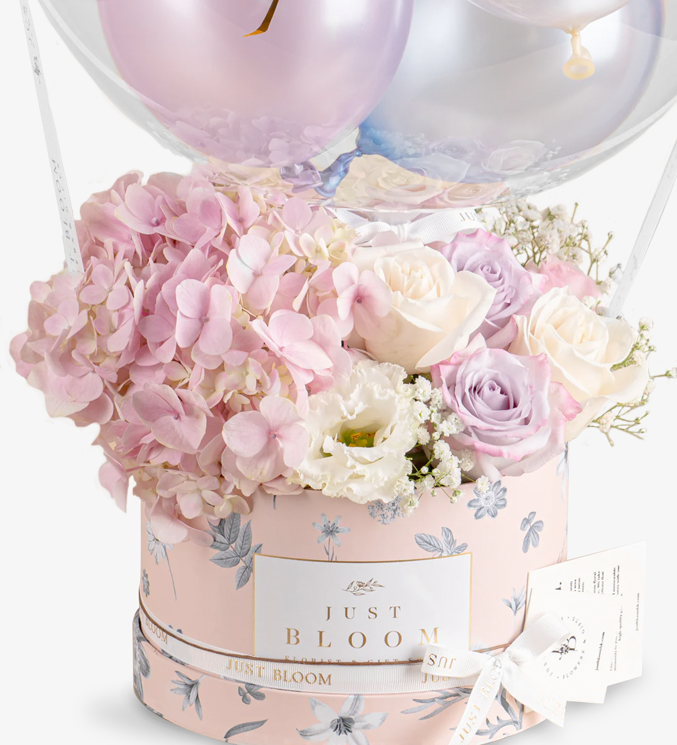 Close-up of Cali floral dome in pink and purple hues with balloon – Just Bloom Hong Kong