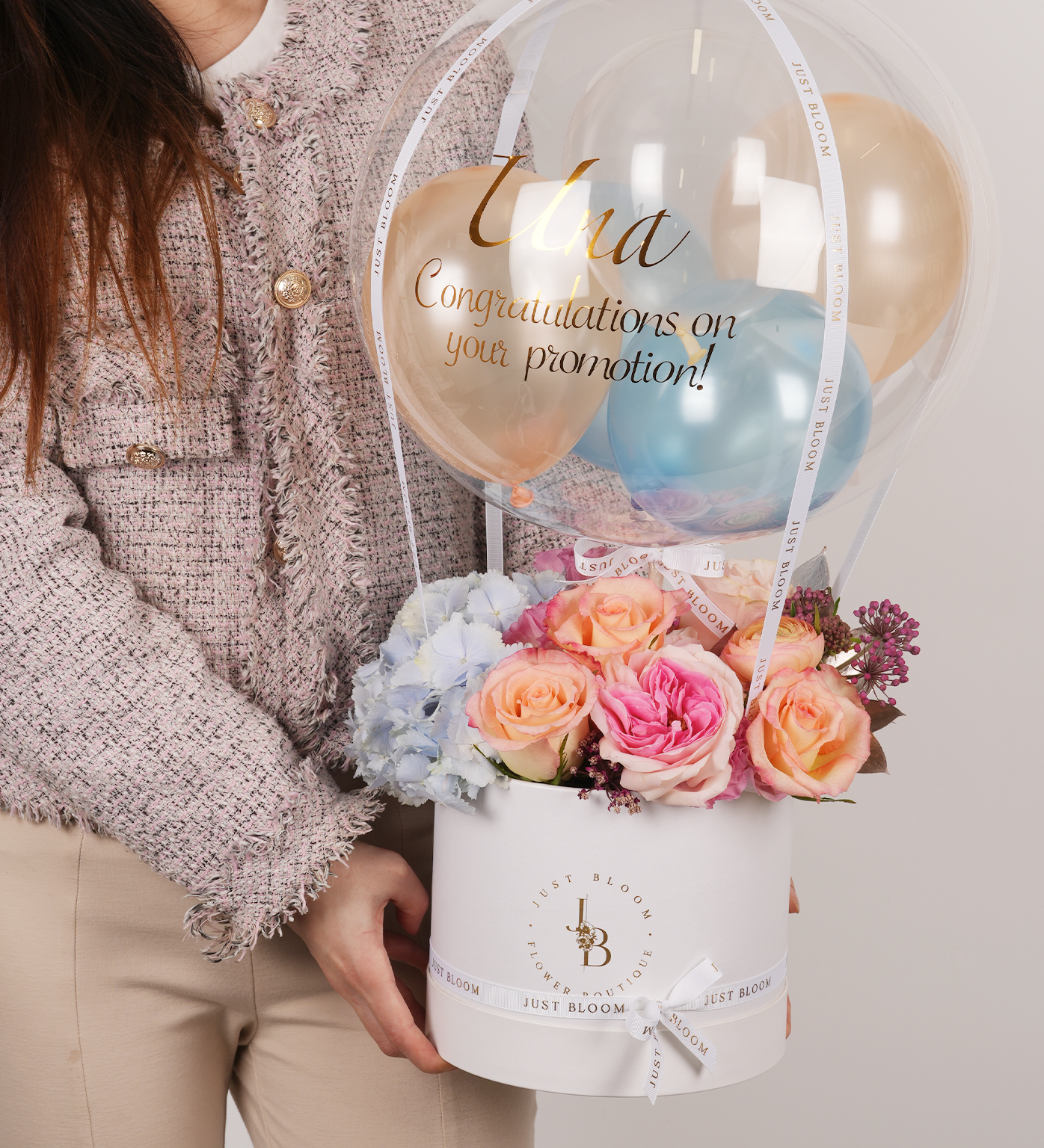 Ecuadorian Garden Roses, Ecuadorian Roses, Hydrangea, Pink, Orange and Blue Flower Box - Just Bloom Hong Kong Florist