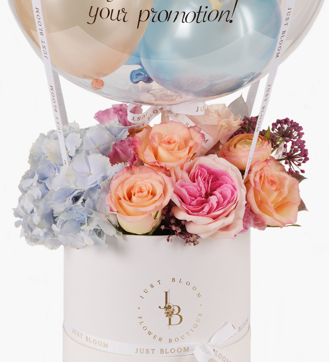 Ecuadorian Garden Roses, Ecuadorian Roses, Hydrangea, Pink, Orange and Blue Flower Box - Just Bloom Hong Kong Florist