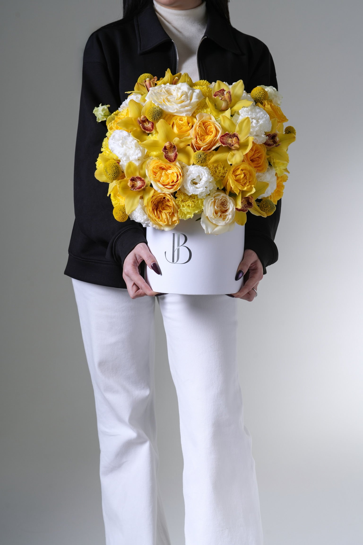 Solar Glow dome shape fresh flower box with yellow cymbidium orchids and roses Just Bloom Hong Kong