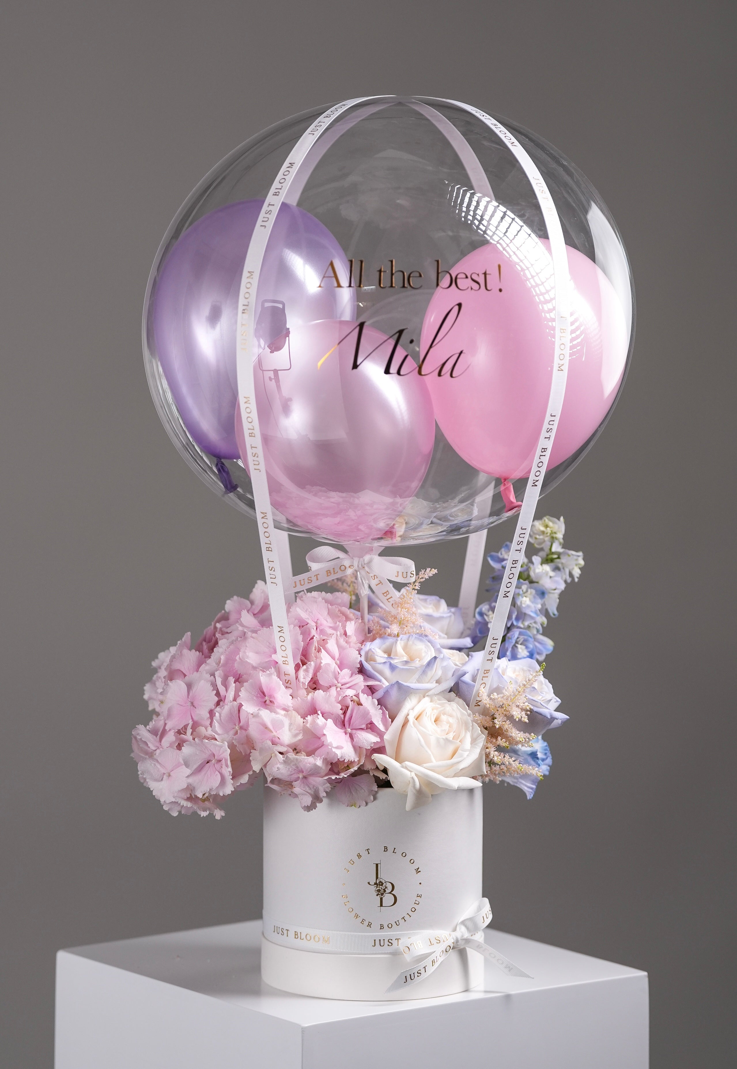 Just Bloom Freya pastel balloon flower box with pink hydrangeas and white roses – styled for Hong Kong gift occasions