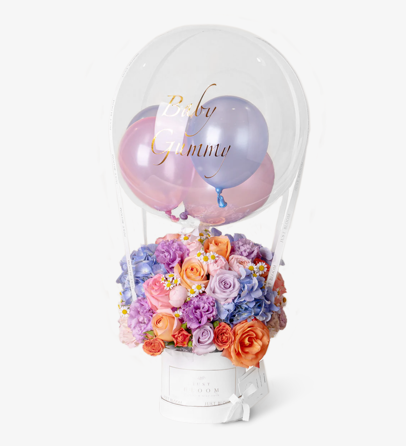 Just bloom × Hong Kong Florist: Delightful Dome Flower Box, premium Ecuadorian roses, Dutch hydrangeas, chamomiles, eustomas, and spray roses