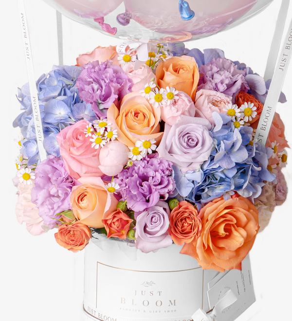 Just bloom × Hong Kong Florist: Delightful Dome Flower Box, premium Ecuadorian roses, Dutch hydrangeas, chamomiles, eustomas, and spray roses