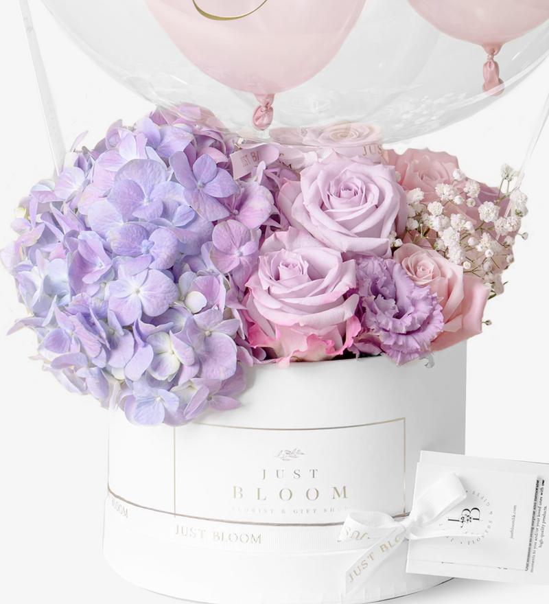 Just bloom × Hong Kong Florist: Elegant Flower Box, premium Ecuadorian roses, Dutch hydrangeas, baby's breaths, and eustomas