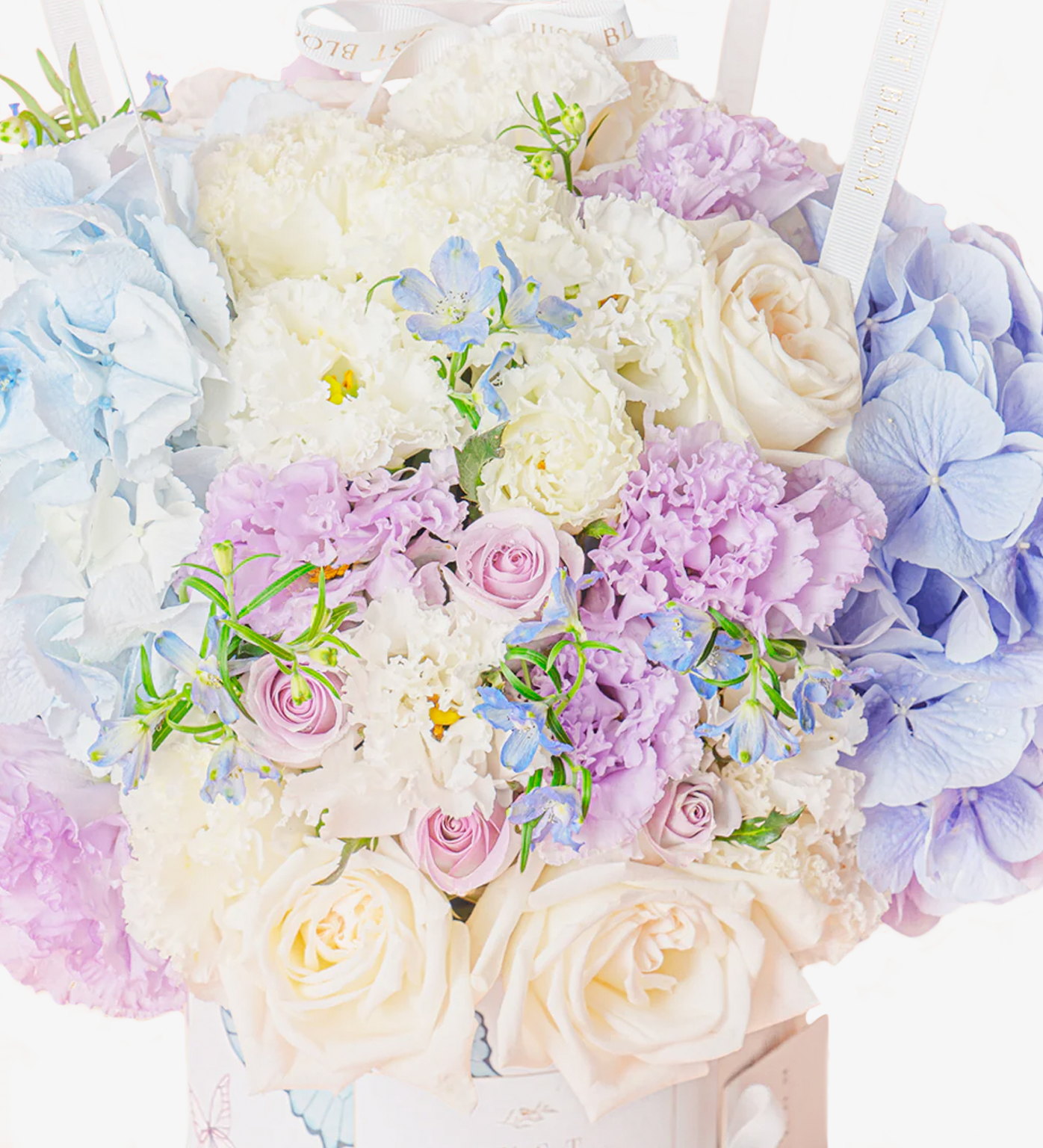 Just bloom × Hong Kong Florist: Exquisite Dome Flower Box, premium Ecuadorian roses, Dutch eustomas, spray roses, and fillers