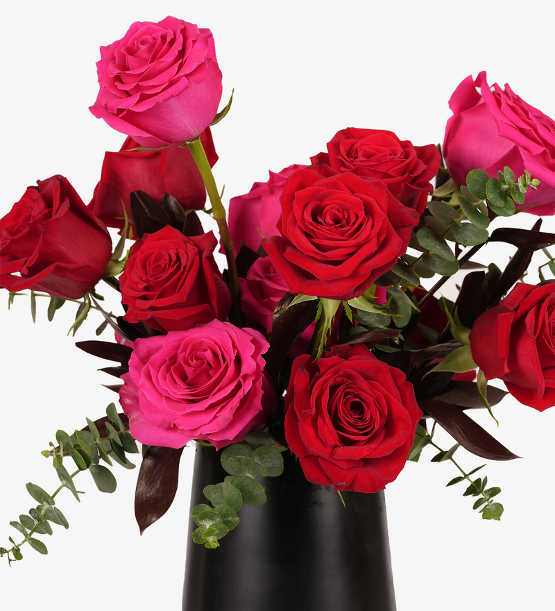Fresh vase arrangements by Just bloom × Hong Kong Florist, featuring Ecuadorian pink and red roses with Dutch greenery elegantly arranged in a sleek white vase, radiating romance and beauty.