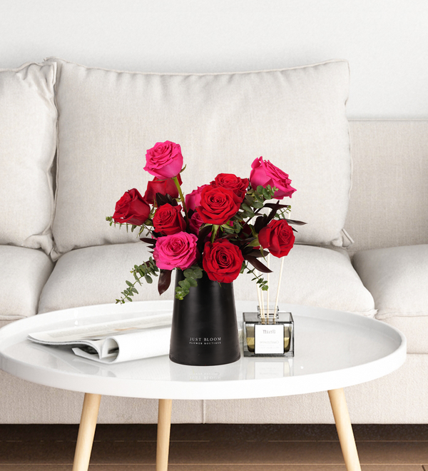 Fresh vase arrangements by Just bloom × Hong Kong Florist, featuring Ecuadorian pink and red roses with Dutch greenery elegantly arranged in a sleek white vase, radiating romance and beauty.