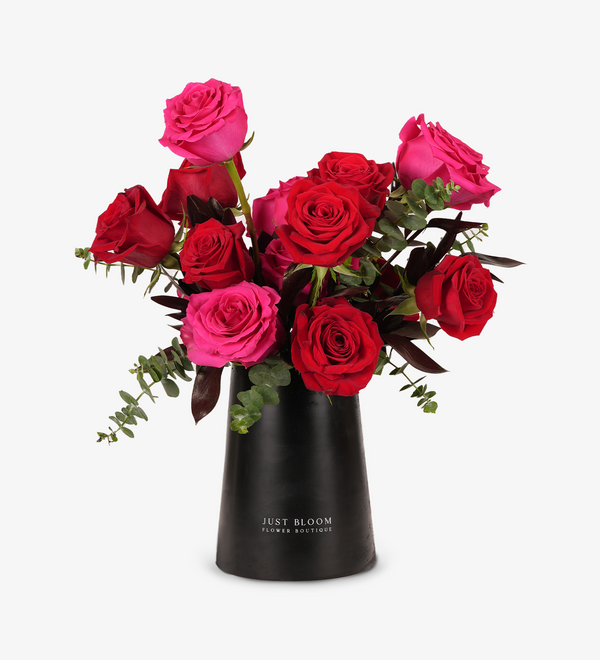 Fresh vase arrangements by Just bloom × Hong Kong Florist, featuring Ecuadorian pink and red roses with Dutch greenery elegantly arranged in a sleek white vase, radiating romance and beauty.
