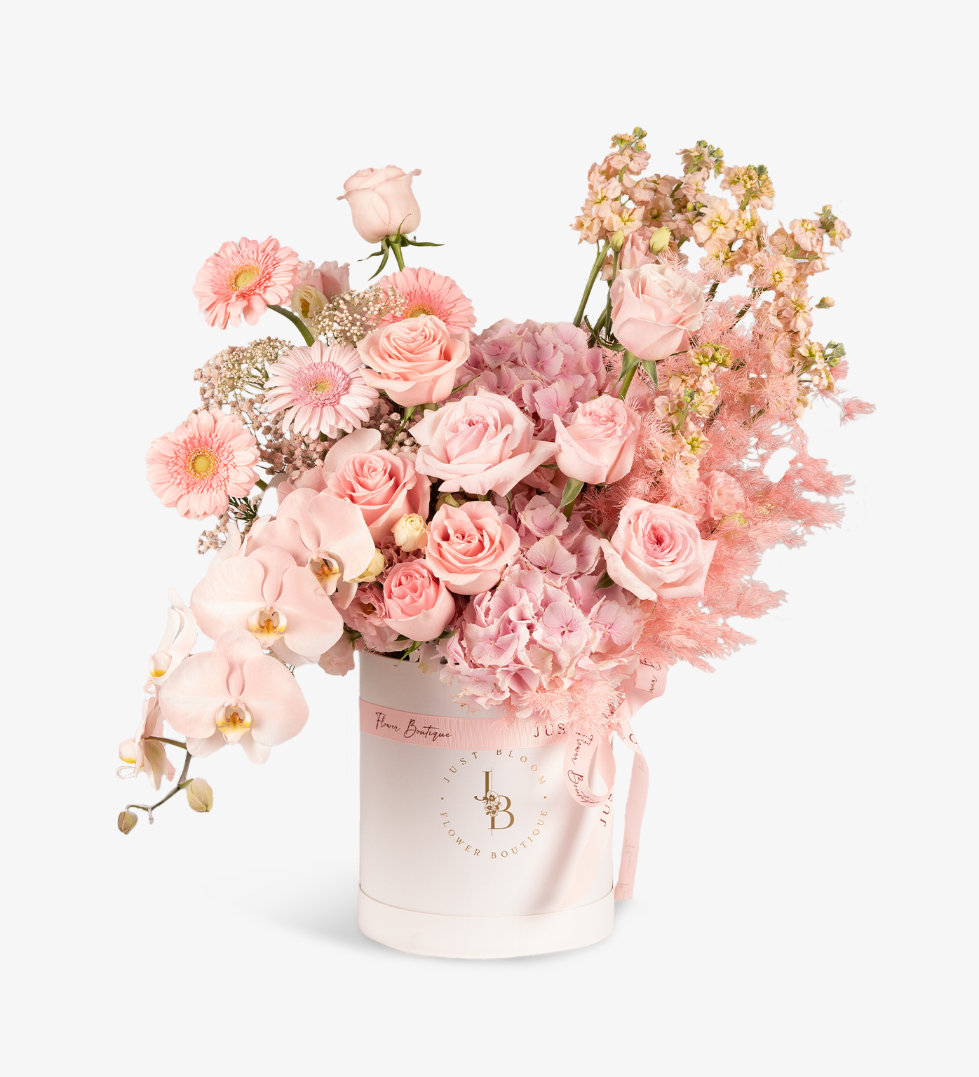 Pink flower box by Just bloom × Hong Kong Florist, showcasing an elegant and lovely style, featuring Ecuadorian roses, Dutch hydrangeas, Dutch Gerbera, Dutch stocks, Dutch rice flowers, Dutch Eustomas, and Taiwanese orchids.