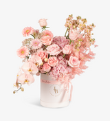 Pink flower box by Just bloom × Hong Kong Florist, showcasing an elegant and lovely style, featuring Ecuadorian roses, Dutch hydrangeas, Dutch Gerbera, Dutch stocks, Dutch rice flowers, Dutch Eustomas, and Taiwanese orchids.