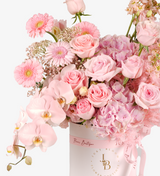 Pink flower box by Just bloom × Hong Kong Florist, showcasing an elegant and lovely style, featuring Ecuadorian roses, Dutch hydrangeas, Dutch Gerbera, Dutch stocks, Dutch rice flowers, Dutch Eustomas, and Taiwanese orchids.