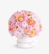 Pink and orange flower box by Just bloom × Hong Kong Florist, showcasing an elegant and gentle style, combining Ecuadorian roses and Dutch flowers.