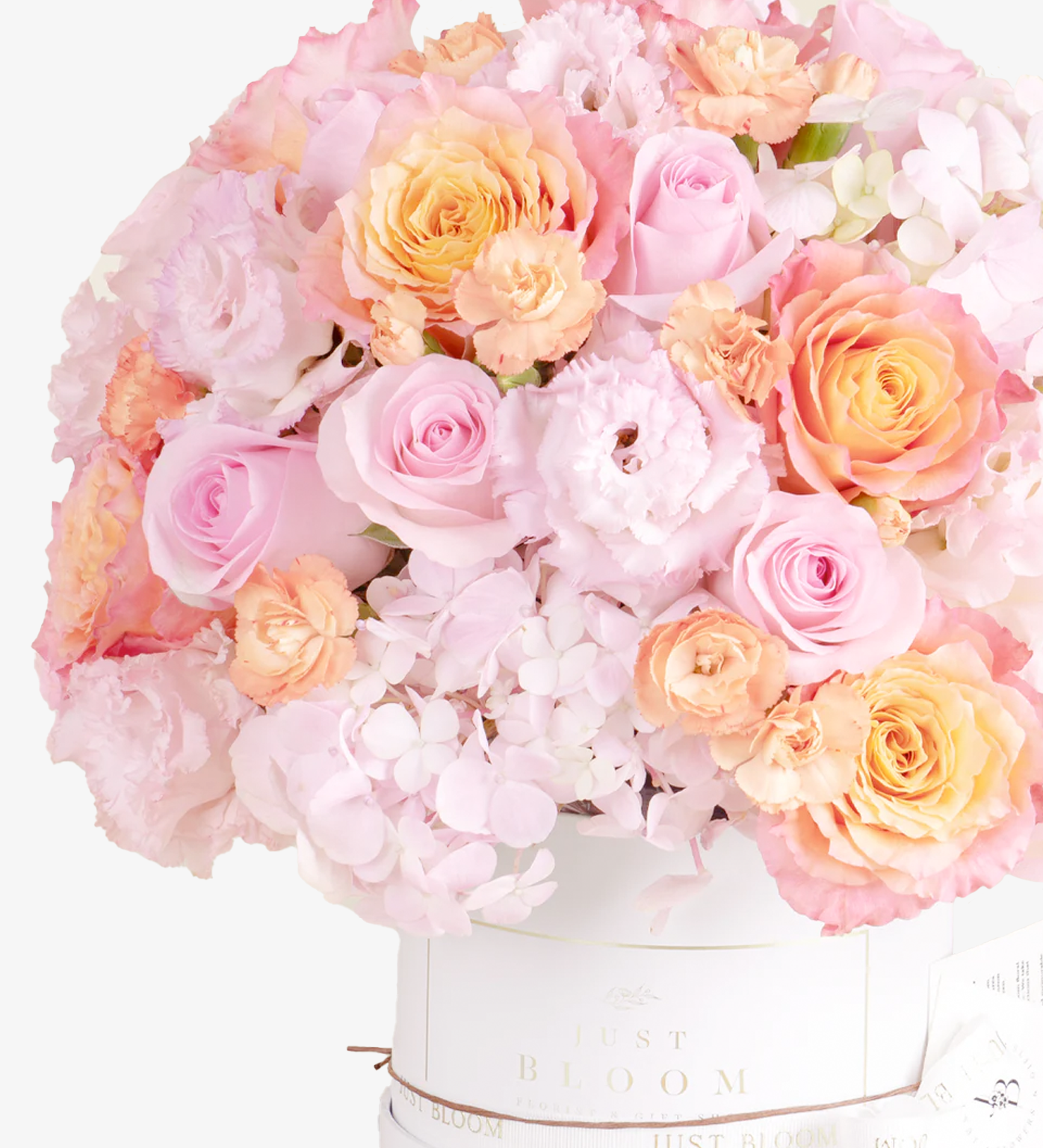 Pink and orange flower box by Just bloom × Hong Kong Florist, showcasing an elegant and gentle style, combining Ecuadorian roses and Dutch flowers.