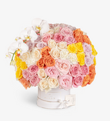 Pink yellow orange flower box by Just bloom × Hong Kong Florist, showcasing an elegant, lovely, eye-catching, and abundant style, featuring Ecuadorian roses, Dutch flowers, and Taiwanese orchids.