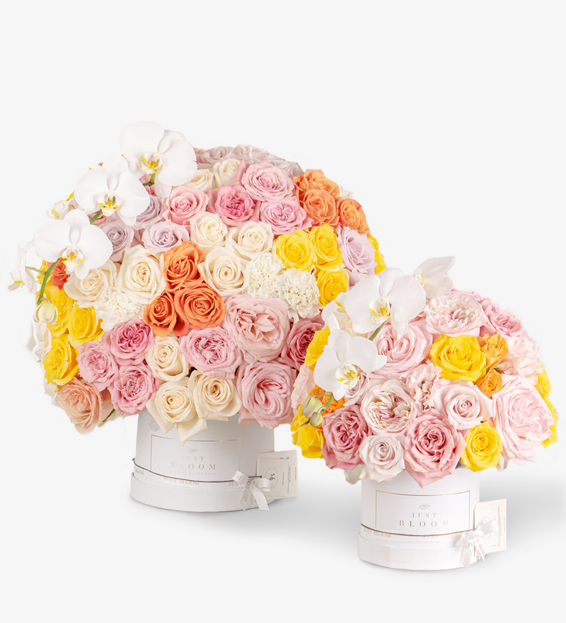 Pink yellow orange flower box by Just bloom × Hong Kong Florist, showcasing an elegant, lovely, eye-catching, and abundant style, featuring Ecuadorian roses, Dutch flowers, and Taiwanese orchids.