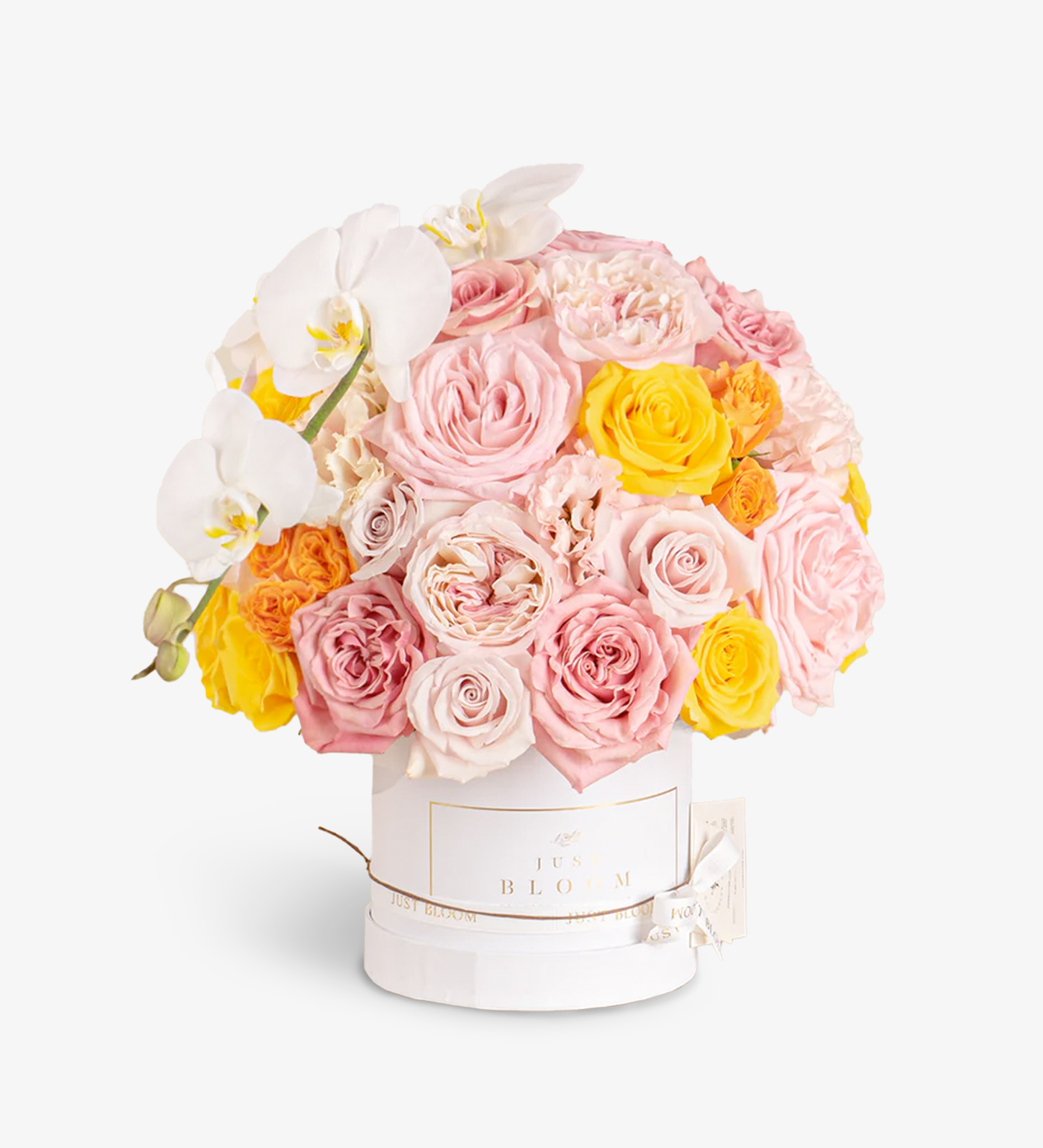 Pink yellow orange flower box by Just bloom × Hong Kong Florist, showcasing an elegant, lovely, eye-catching, and abundant style, featuring Ecuadorian roses, Dutch flowers, and Taiwanese orchids.