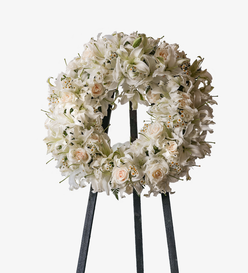 Sympathy floral arrangement by Just bloom × Hong Kong Florist, characterized by elegance, purity, and solemnity.