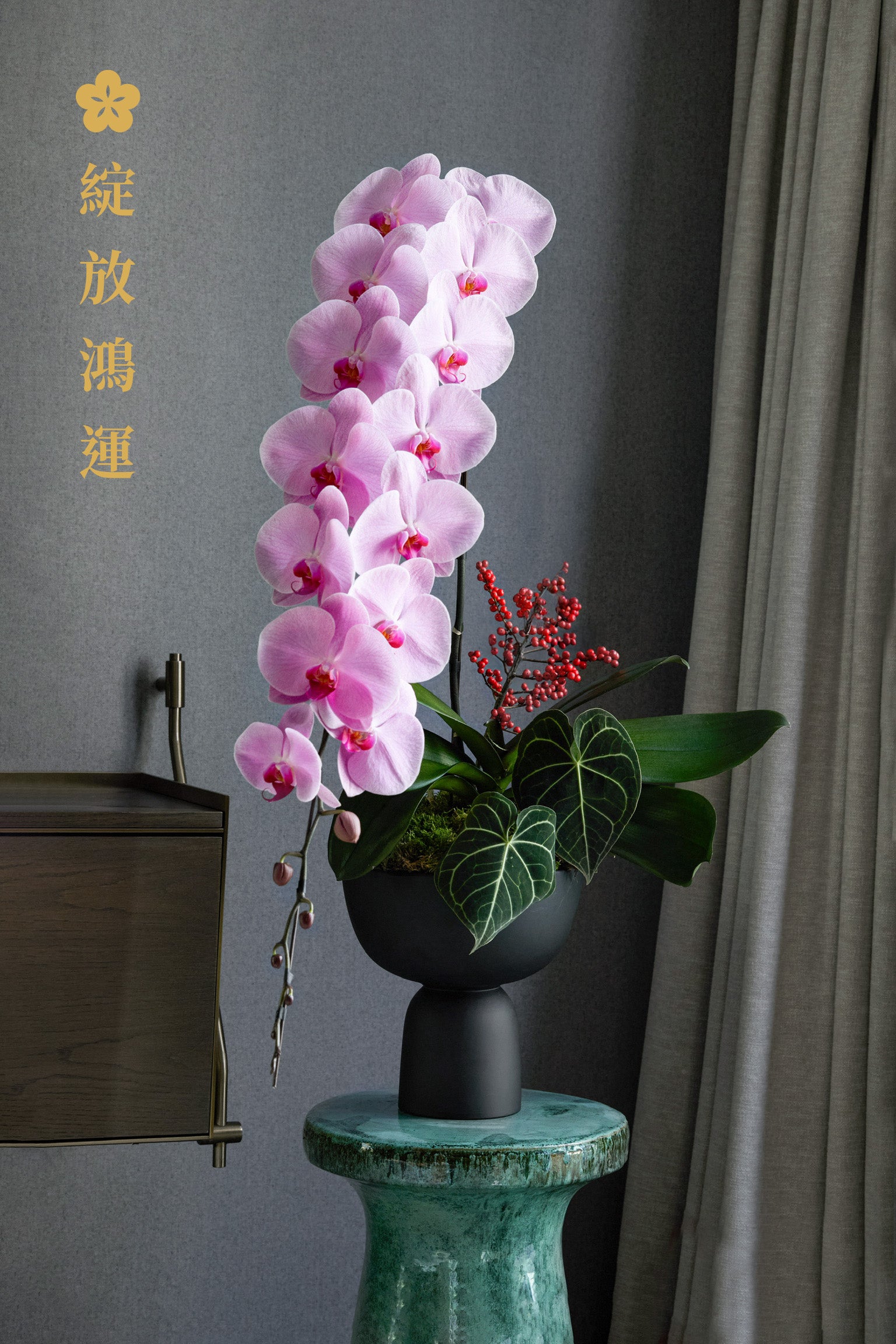 Blooming Fortune luxury pink phalaenopsis orchid CNY arrangement with red ilex berries and decorative foliage in black vase Just Bloom Hong Kong