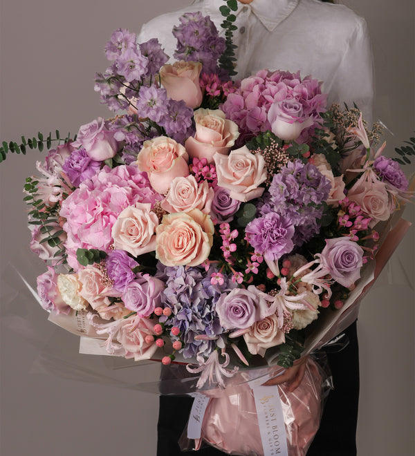 A refined floral masterpiece - Purple Elegance Bouquet featuring premium Ecuadorian roses and Dutch Flower Fillers. Available at Hong Kong Florist - Just Bloom.