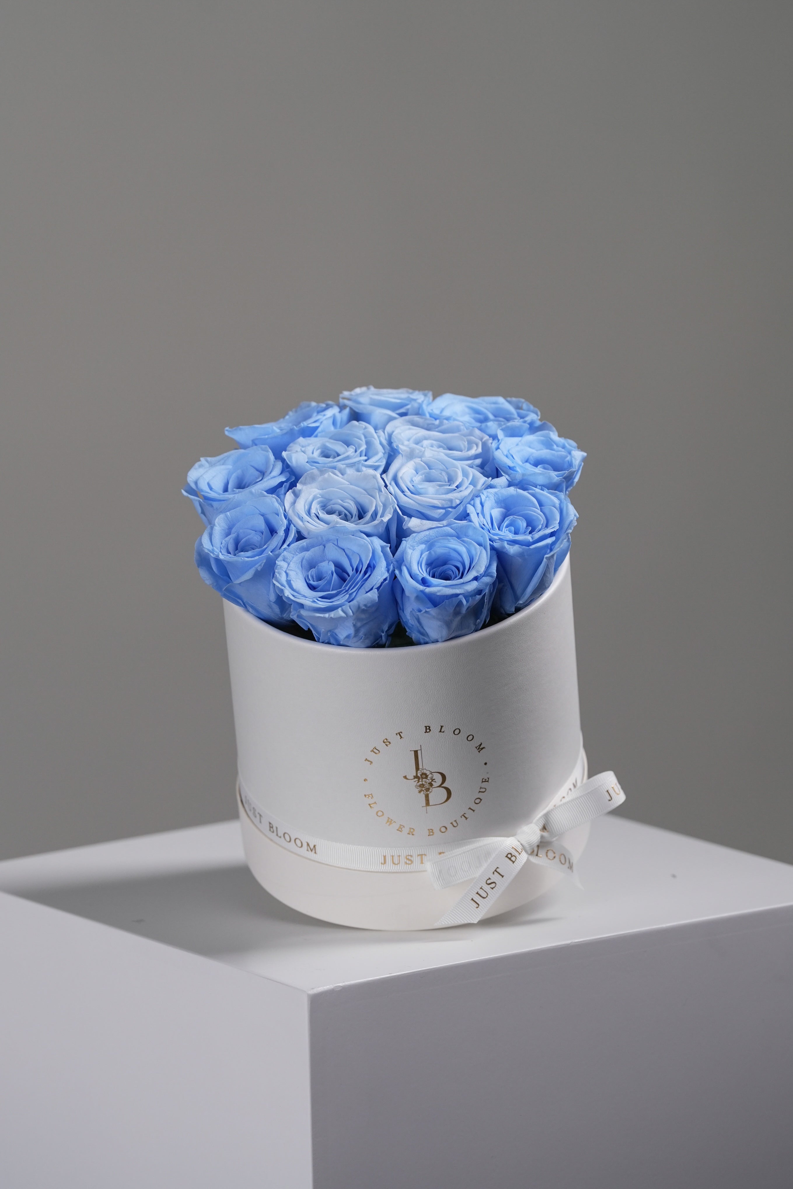 Adeline preserved flower box with light blue eternal roses in white hat box - Just Bloom Hong Kong